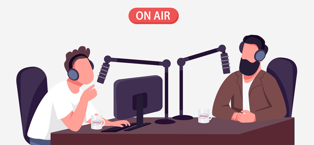illustration of two young guys on air with a podcast as they talk into their mics