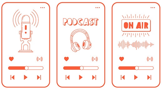 3 screens of smart phones that have podcasts on them in illustration form