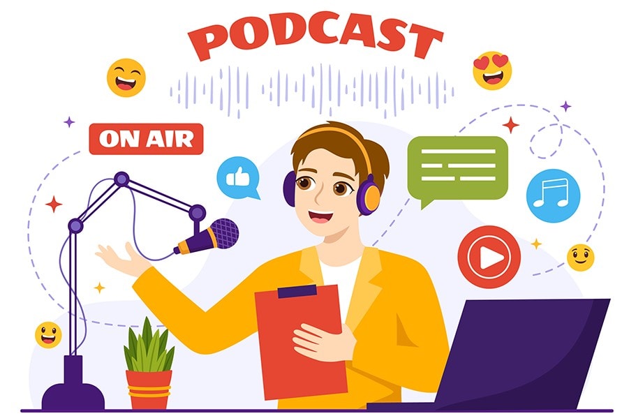 illlustration of one young man hosting a podcast and looking very busy