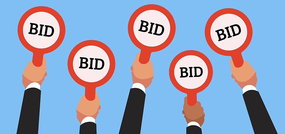Businessman buyers hands raising auction bid paddles with numbers of competitive bidding price. Auction business bidders raise hand on blue background flat vector concept illustration