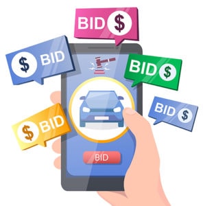 auction online, vector illustration. Hand holding smartphone with car, gavel and bid button on screen. Auction and mobile bidding concept for web banner, website page etc.