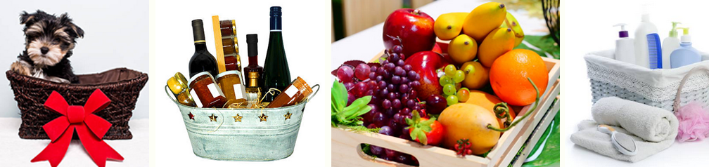 four sample gift baskets using wine-puppy-fruit-spa
