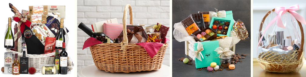 4 basket ideas including wine-candy-makeup