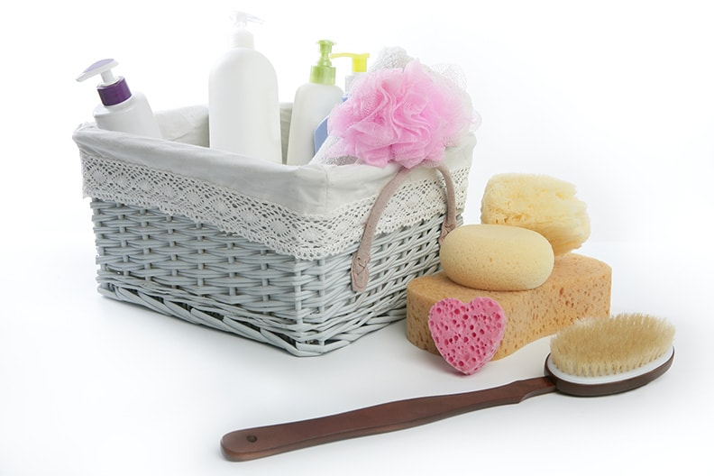 Bath toiletries basket with shower gel