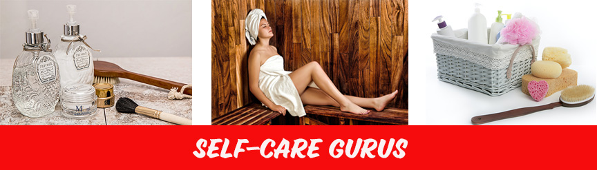 woman in a sauna with white towel on- variey of spa gifts like brushes-lotions-oils
