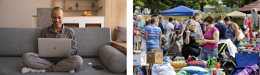 man sitting on couch with laptop smiling and to the righ is a photo of garage sale with people and junk