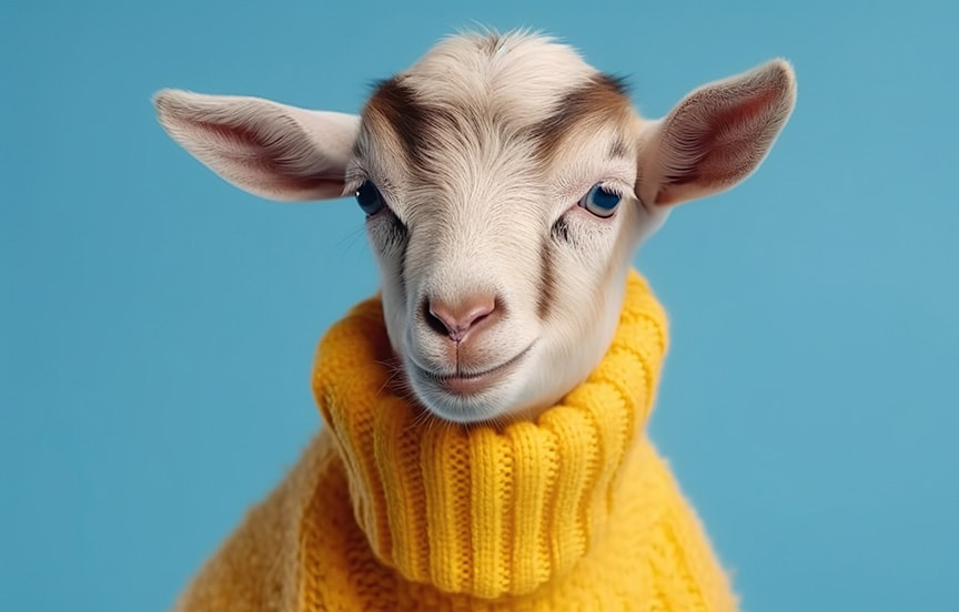 off white goat in yellow turtleneck sweater with blue background