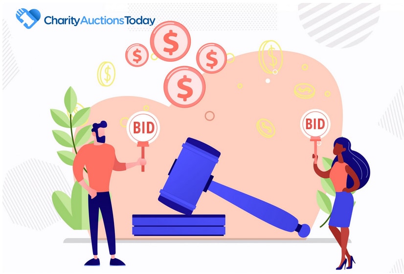 cartoonish image of gavel and two people holding bid paddles