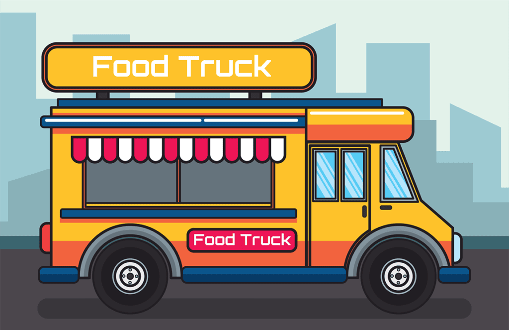 illustration of a small food yellow truck with red and white awning over the order window