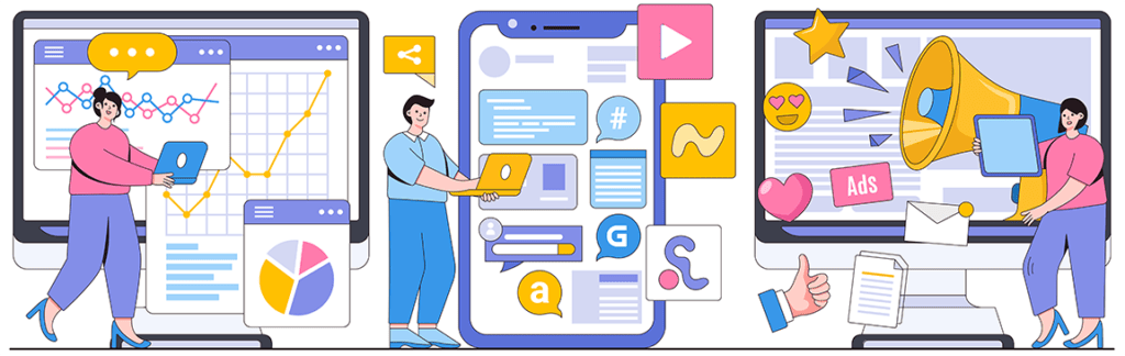 3 cartoon illustrations of digotal marketing