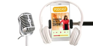 podcast mic and headphones illustration with smart phone showing a podcast on the screen