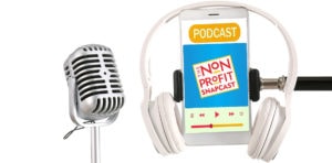 podcast mic and headphones illustration with smart phone showing a podcast on the screen