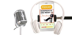 podcast mic and headphones illustration with smart phone showing a podcast on the screen