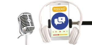 podcast mic and headphones illustration with smart phone showing a podcast on the screen
