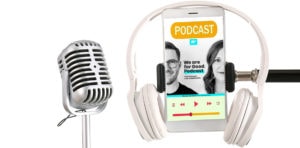 podcast mic and headphones illustration with smart phone showing a podcast on the screen