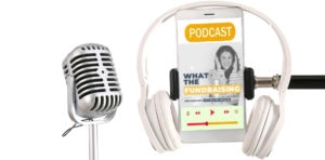 podcast mic and headphones illustration with smart phone showing a podcast on the screen