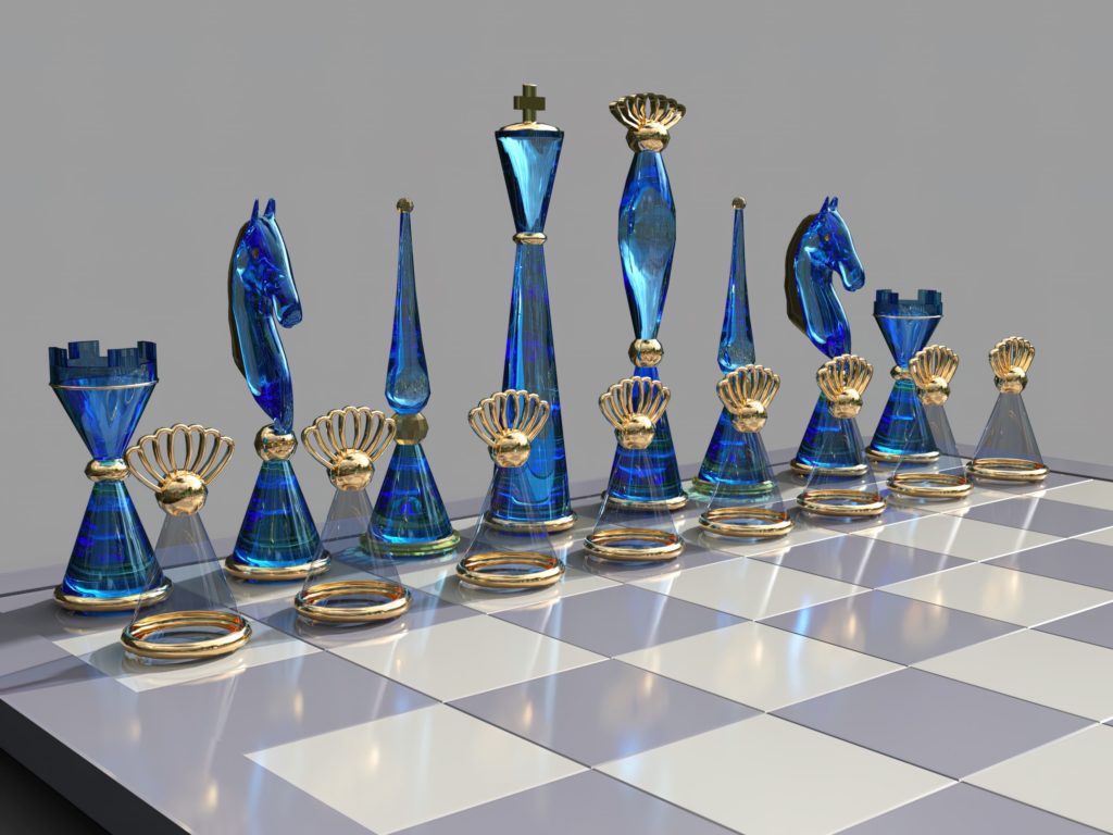 blue and gold chess pieces