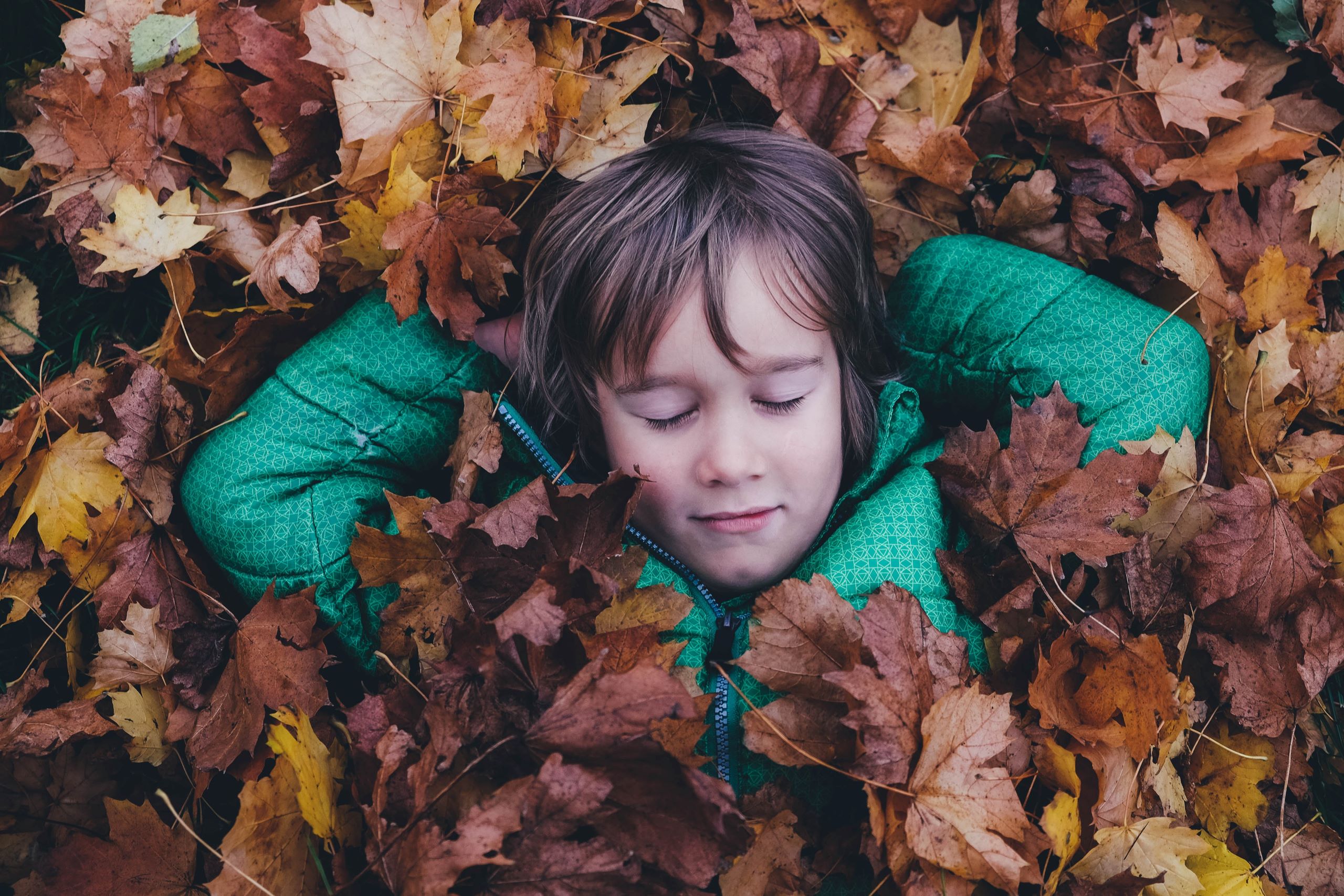 kid in fall leaves