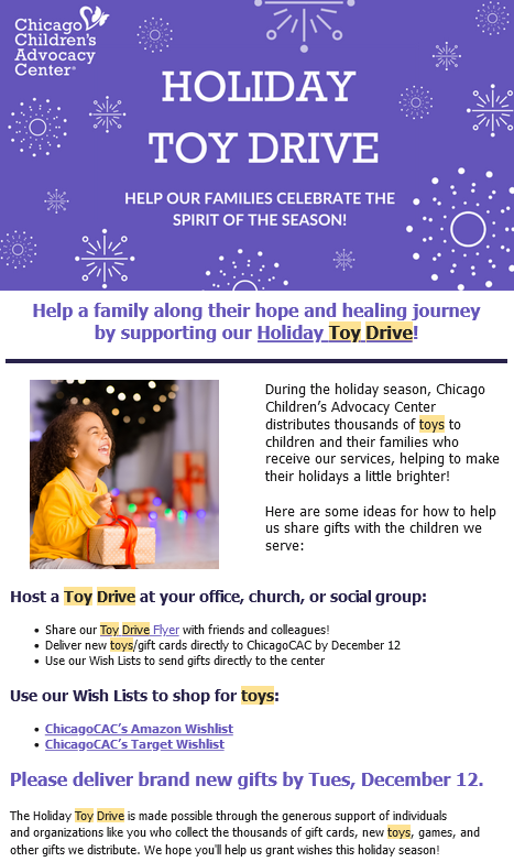Chicago Children's Advocacy Center Holiday Toy Drive email screencap