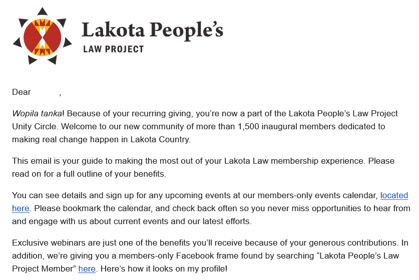 Lakota Peoples Law Project welcome email screenshot 2020